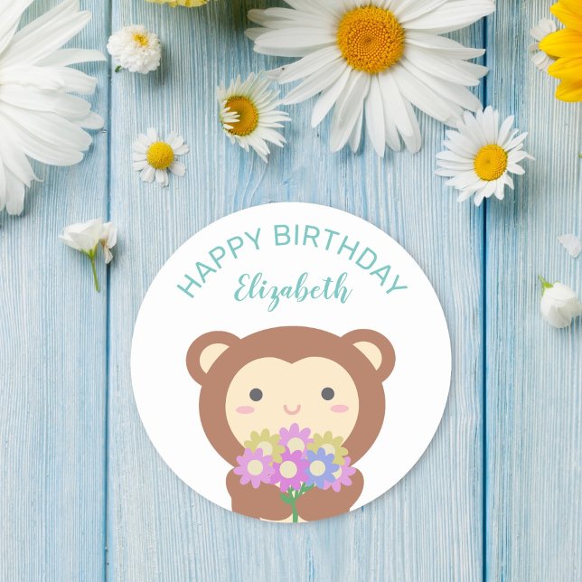 Adesivo Macaco Kawaii Bonito Com Flores Feliz Aniversário (Criador carregado)