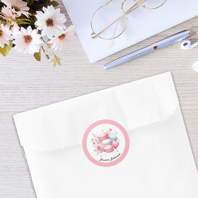 Adesivo Macarões e Corações Cor-de-Rosa e Cuja Personaliza (Cute Pink Personalized Round Stickers)
