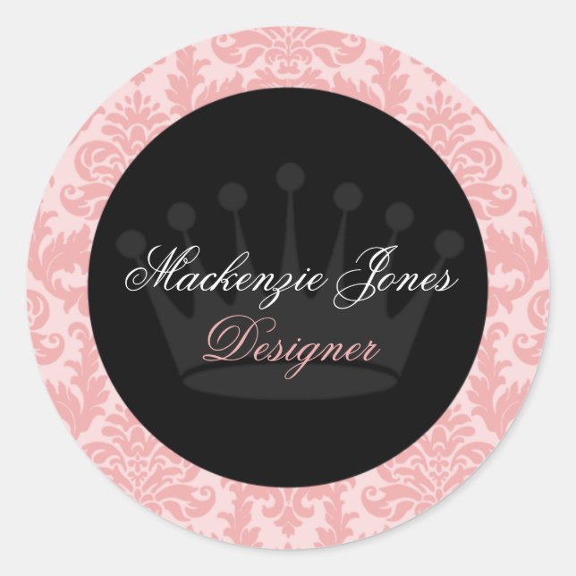 Adesivo Mackenzie Pink & Black Damask Chic Round Sticker (Frente)