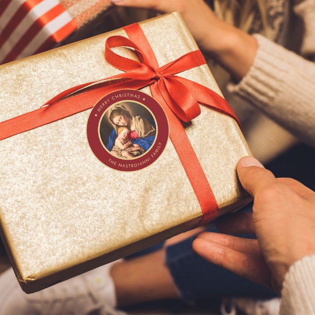 Adesivo Madona e Menino Natal Vermelho e Dourado Religioso (Red and gold religious Christmas gift sticker with Madonna and Child for Catholics and Christians)