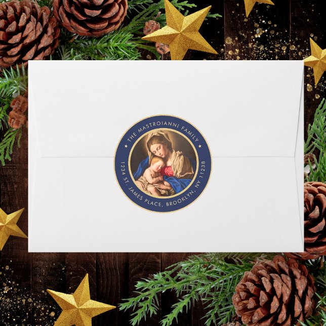 Adesivo Madonna Religiosa e Morada de Natal Infantil (Religious Christmas card address label with Madonna and Child in navy blue and gold for Catholics)