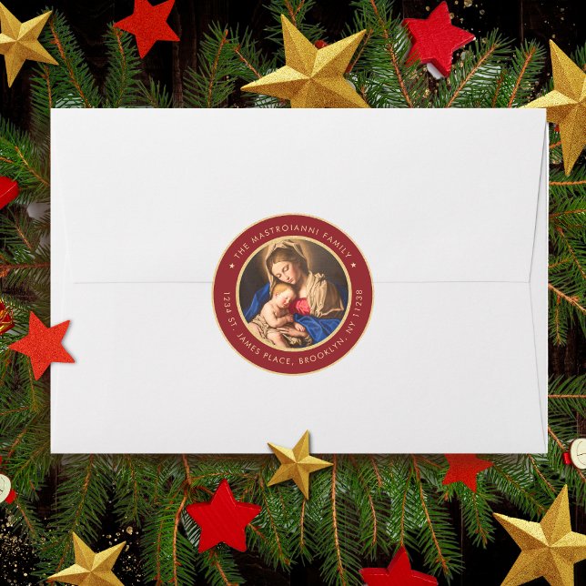 Adesivo Madonna Religiosa e Morada de Natal Infantil (Red and gold religious Christmas address label with Madonna and Child for Catholics and Christians)