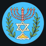 Adesivo Magen Persa David Menorah<br><div class="desc">Esta imagem foi adaptada de um antigo azulejo judeu persa e apresenta uma menorah com um Magen David (Estrela de David) enquadrado por ramos de oliveira. As imperfeições da imagem original pintada à mão foram preservadas.</div>
