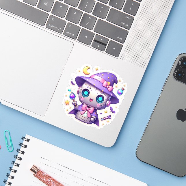 Adesivo Magical Kawaii Robot Witch Vinyl Cute Pastel Bot (Notebook com iPhone)