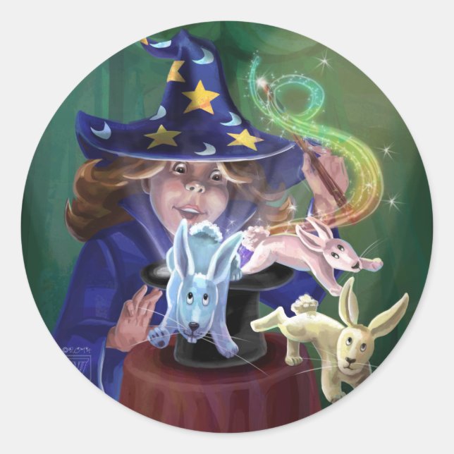 Adesivo Mágico puxando coelhos de um chapéu (Frente)
