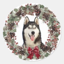 Adesivo Malamute Cão Vermelho Arco Pinecone Muro de Natal