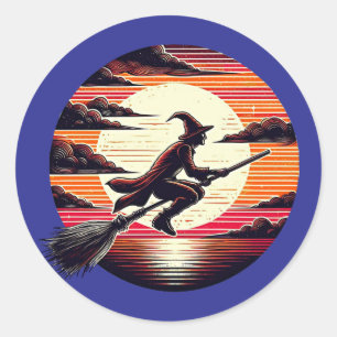 Adesivo Male Witch cavalgando Broom na ilustração da arte