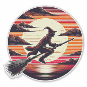 Adesivo Male Witch cavalgando Broom na ilustração da arte