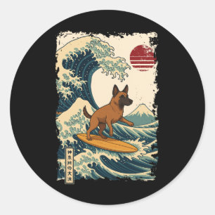 Adesivo Malinois Belga Surfando a Onda Japonesa de Kanagaw