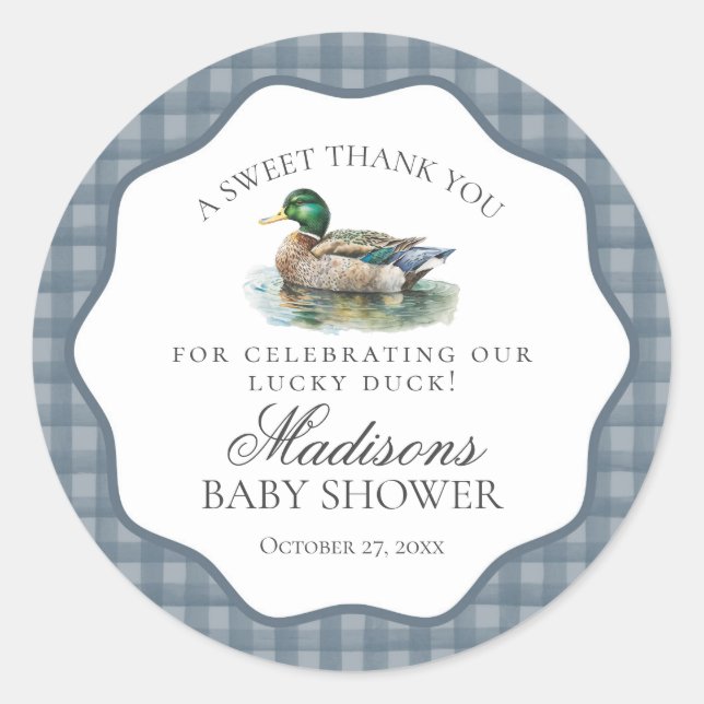 Adesivo Mallard Duck Hunting Gingham Baby Shower Circle (Frente)
