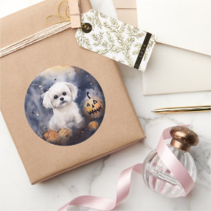 Adesivo Maltês do Dia das Bruxas com Pumpkins assustado