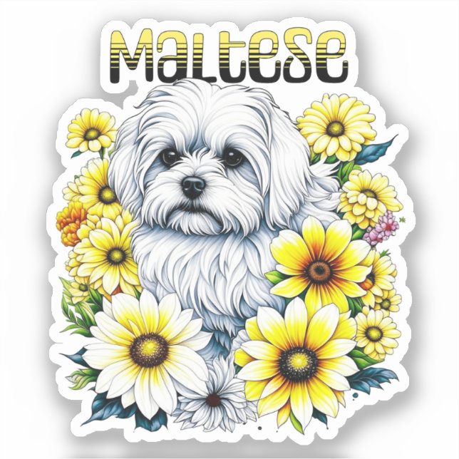 Adesivo Maltês - Pequeno Cachorro Branco Bree in Yellow Fl (Frente)