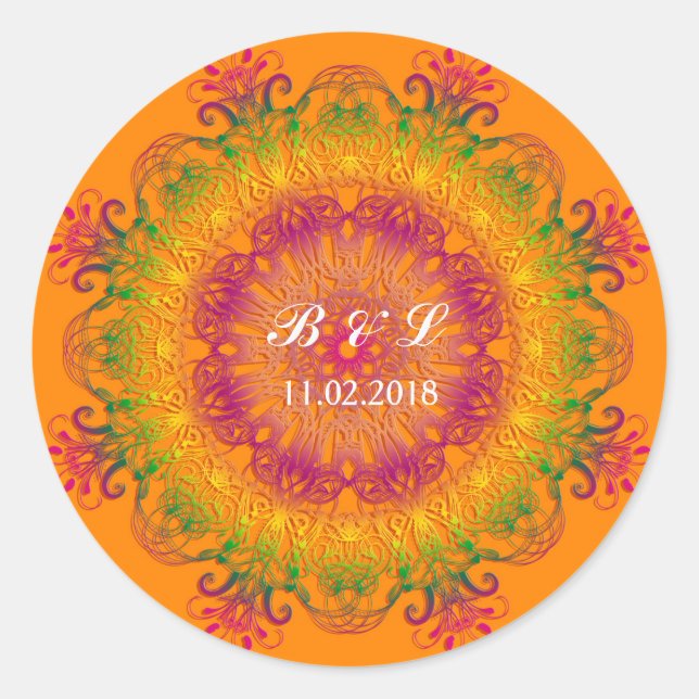 Adesivo Mandala floral étnica em fundo laranja. (Frente)