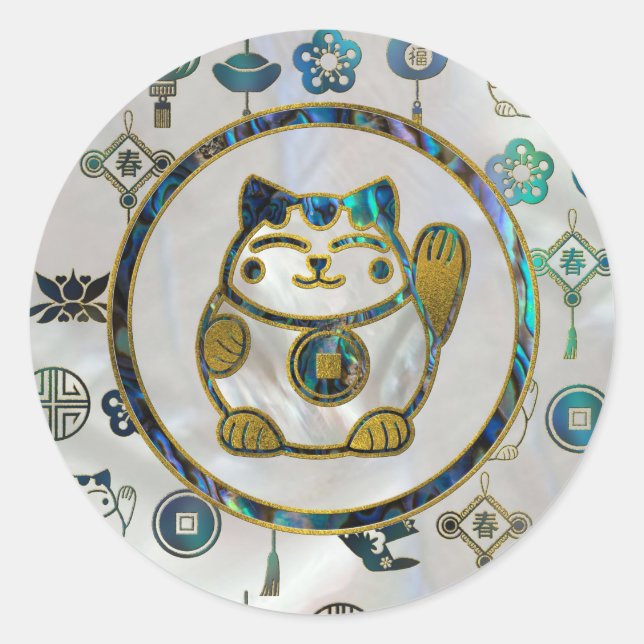 Adesivo Maneki Neko Lucky cat em pérola e abalone (Frente)