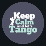 Adesivo Mantenha Calmo Vamos Tango Funny Ballroom Dance<br><div class="desc">Fique calma e Vamos Tango. Design de dança de salão engraçada para aqueles que adoram dançar ao som da música com seu parceiro. Legal e simples mercadoria para dançarina de Tango profissional. Perfeito para celebrar o baile no Dia Nacional da Dança. presente de Natal e excelente para família e amigos....</div>