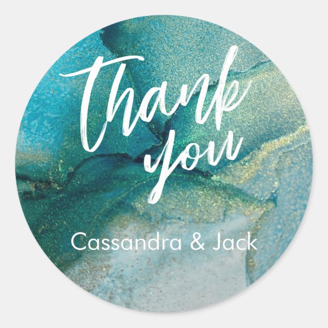 Adesivo Mão Casual de Abstrato de Arte Líquida Teal e Dour (Frente)