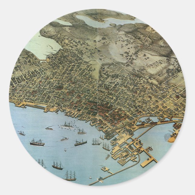 Adesivo Mapa Antigo Vista Aérea Cidade de Seattle Washingt (Frente)