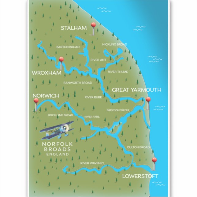 Adesivo Mapa da Norfolk Broads Inglaterra. (Frente)