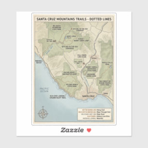 Adesivo Mapa da Trilha de Santa Cruz Califórnia Redwood &