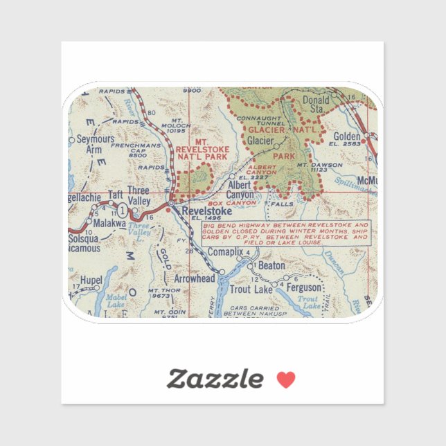 Adesivo Mapa da Vintagem do BC Revelstoke (Folha)