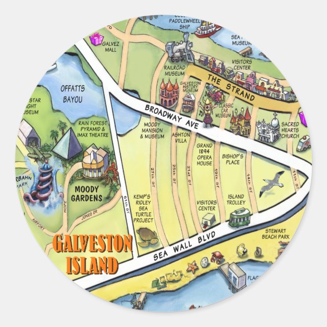 Adesivo Mapa de Cartoons do Galveston Texas (Frente)