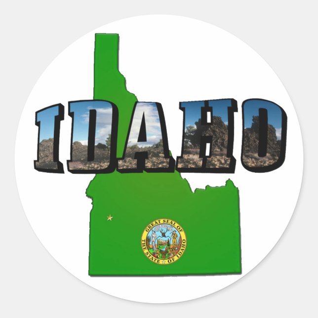 Adesivo Mapa de Idaho, selo e texto da imagem (Frente)