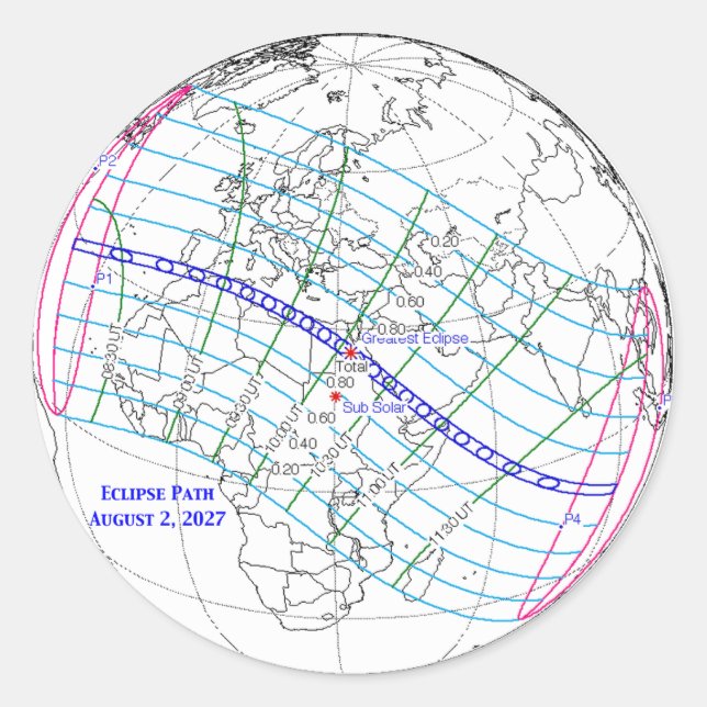 Adesivo Mapa do Eclipse Solar Total de 2027 (Frente)