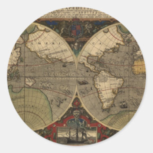 Adesivo Mapa do mundo 1595 do vintage por Jodocus Hondius