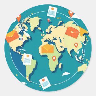 Adesivo mapa mundial com cartões postais voando entre país