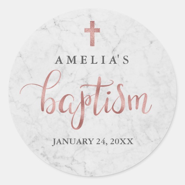 Adesivo Marble Faux Rosa Dourado Baptism Sticker (Frente)
