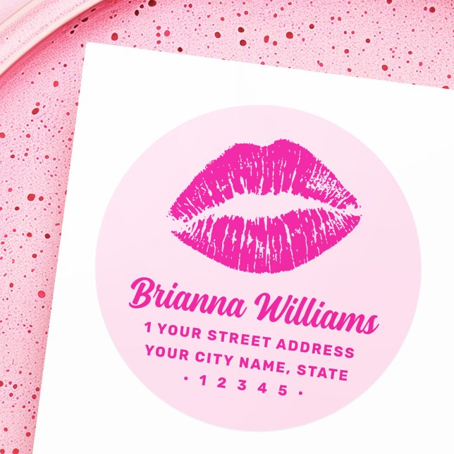 Adesivo Marca de batom rosa endereço de devolução retrô (Pink lipstick mark retro return address classic round sticker)
