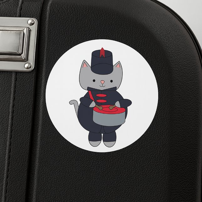 Adesivo Marching Band Gray Cat Drum Navy Blue Red (A sticker featuring a cat playing the drums in a navy blue and red marching band uniform.)