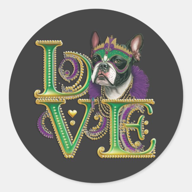 Adesivo Mardi Gras Boston Terrier Word LOVE Mascarada (Frente)