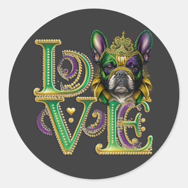 Adesivo Mardi Gras French Bulldog Word LOVE Mascarada (Frente)