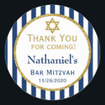 Adesivo Marinho Azul, Bar Dourado Mitzvah Obrigado Etiquet<br><div class="desc">Etiquetas mitzvah do bar Elegante com faixas azuis e brancas de marinho com sofisticado sotaque de brilho dourado e Estrela de David. Esses adesivos de etiquetas favoritos, de bar moderno e na moda mitzvah serão um sucesso para a celebração do seu filho. Dizem "Obrigado por vir" com o nome e...</div>