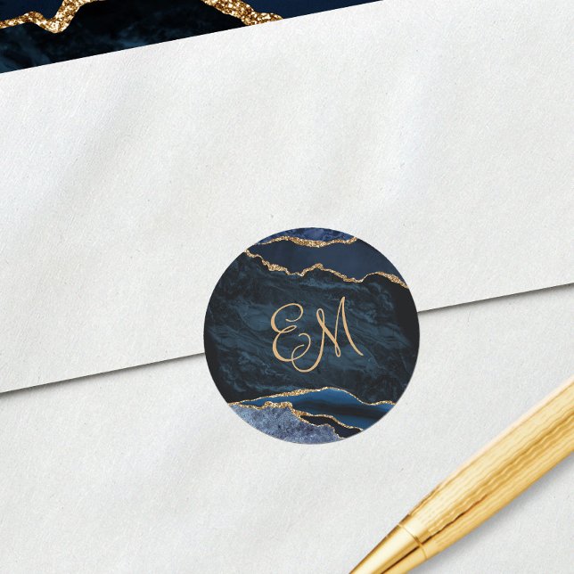 Adesivo Marinho Azul Dourado Agate Marble Monograma Casame (Criador carregado)