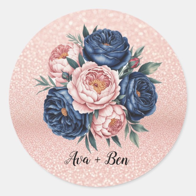 Adesivo Marinho Azul e Rosa Dourado Casamento Floral (Frente)