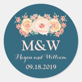 Adesivo Marinho Azul Peach Floral Monograma Casamento