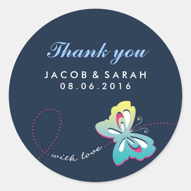 Adesivo Marinho Blue Butterfly Casamento Obrigado Sticker (Frente)