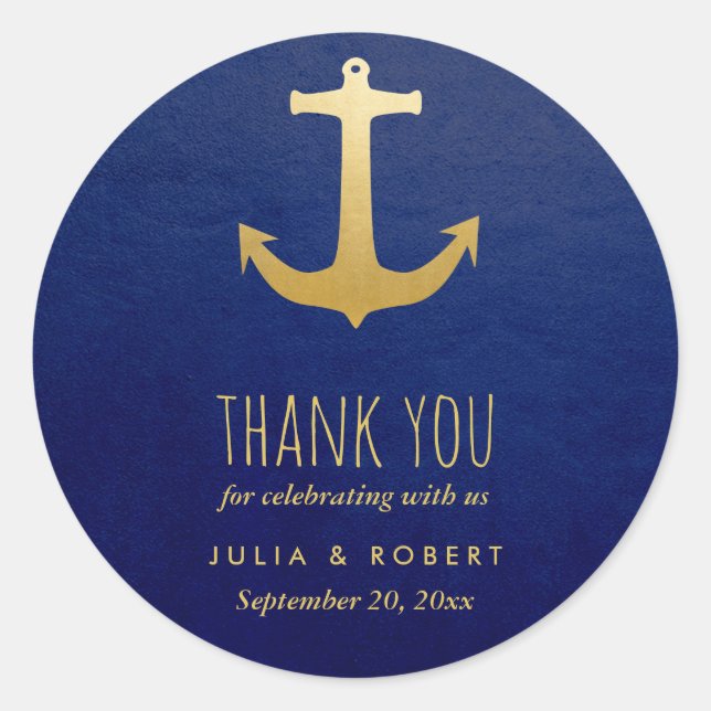 Adesivo Marinho Blue Faux Gold Foil Anchor Casamento Obrig (Frente)