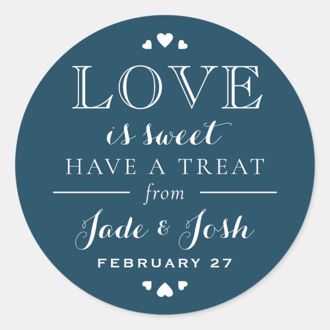 Adesivo Marinho Blue Hearts Love is Sweet Wedding Favor (Frente)