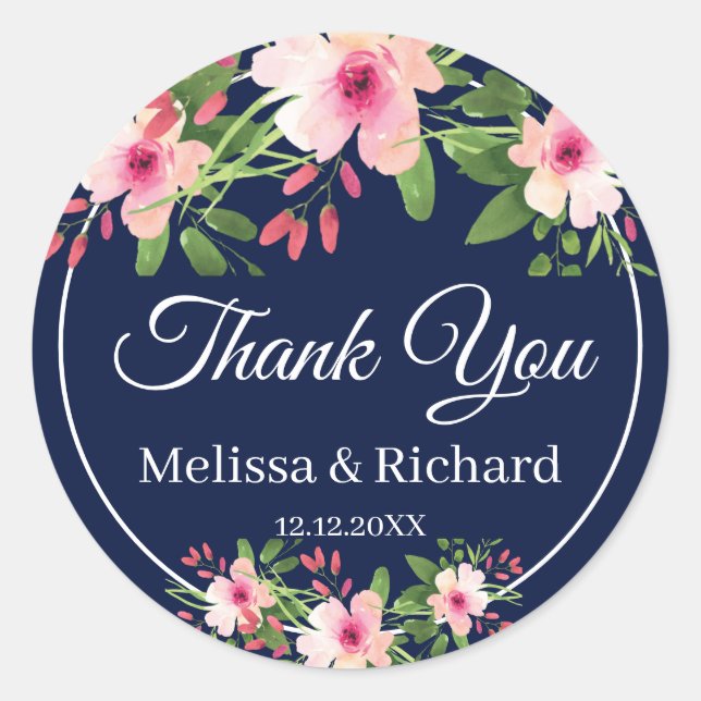 Adesivo Marinho Blue Watercolor Casamento Floral Obrigado (Frente)