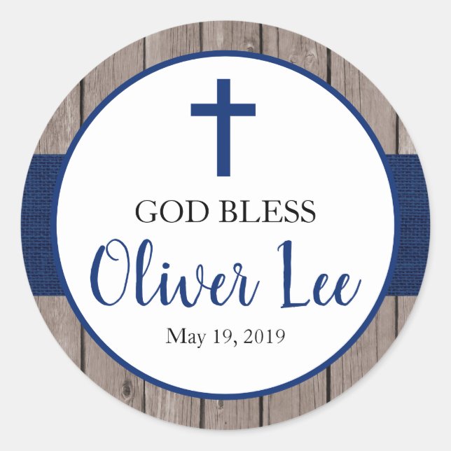 Adesivo Marinho de Batismo Rustic Boy Burlap & Wood Favor (Frente)