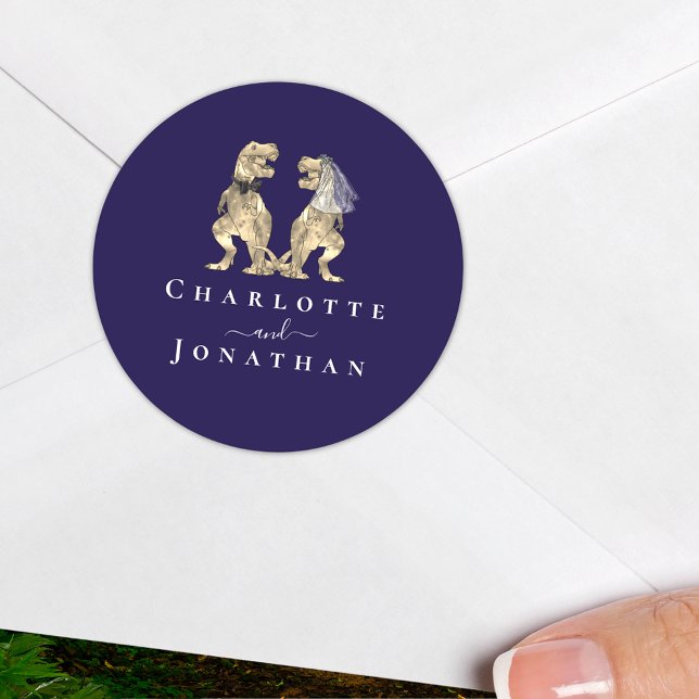 Adesivo Marinho de Casamento Dinossauro Azul e Branco Pers (Dinosaur theme wedding navy blue and white personalized sticker T-Rex dino bride and groom names)