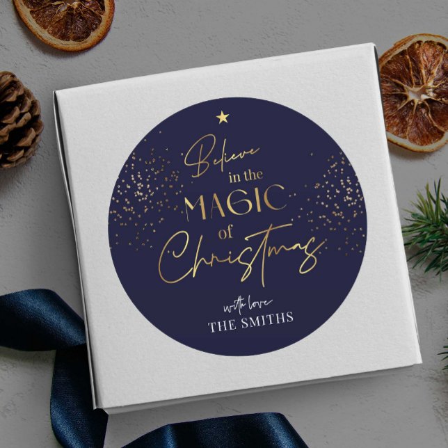 Adesivo Marinho de Nome de Script de Dourada de Natal Mode (Elegant and chic navy blue and gold glitter Christmas gift sticker that is sure to impress)
