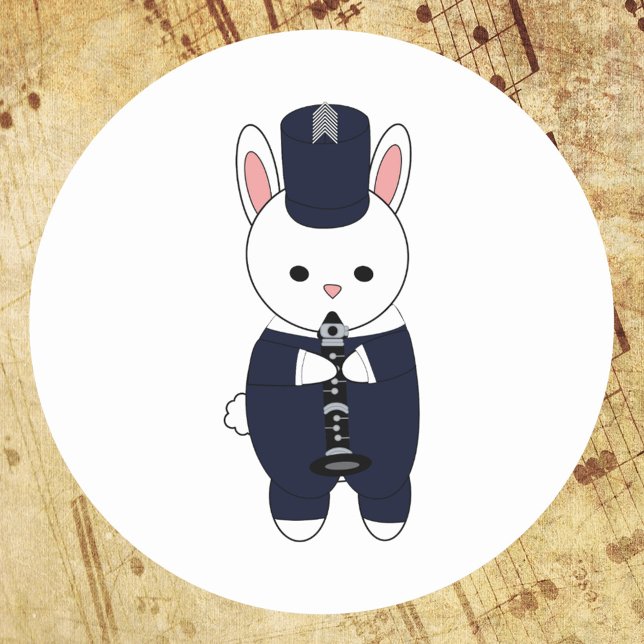 Adesivo Marinho do coelho da Banda Clarinet Marching (A sticker featuring a rabbit playing the clarinet in a navy blue & white marching band uniform)