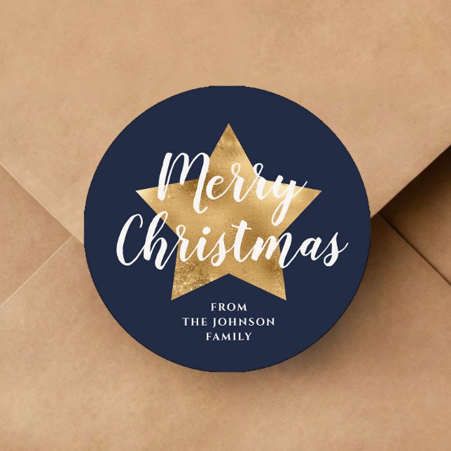 Adesivo Marinho Elegante Blue Star Feliz Natal (Elegant Navy Blue Star Merry Christmas Classic Round Sticker)