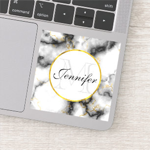 Adesivo Mármore Branco Moderno com Monograma Dourado de Fi