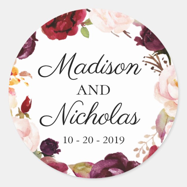 Adesivo Marsala, Pink Floral Wedding Envelope Seal Sticker (Frente)