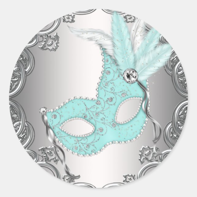 Adesivo Máscara Prata Azul Turquesa Mascarada Selo Envelop (Frente)
